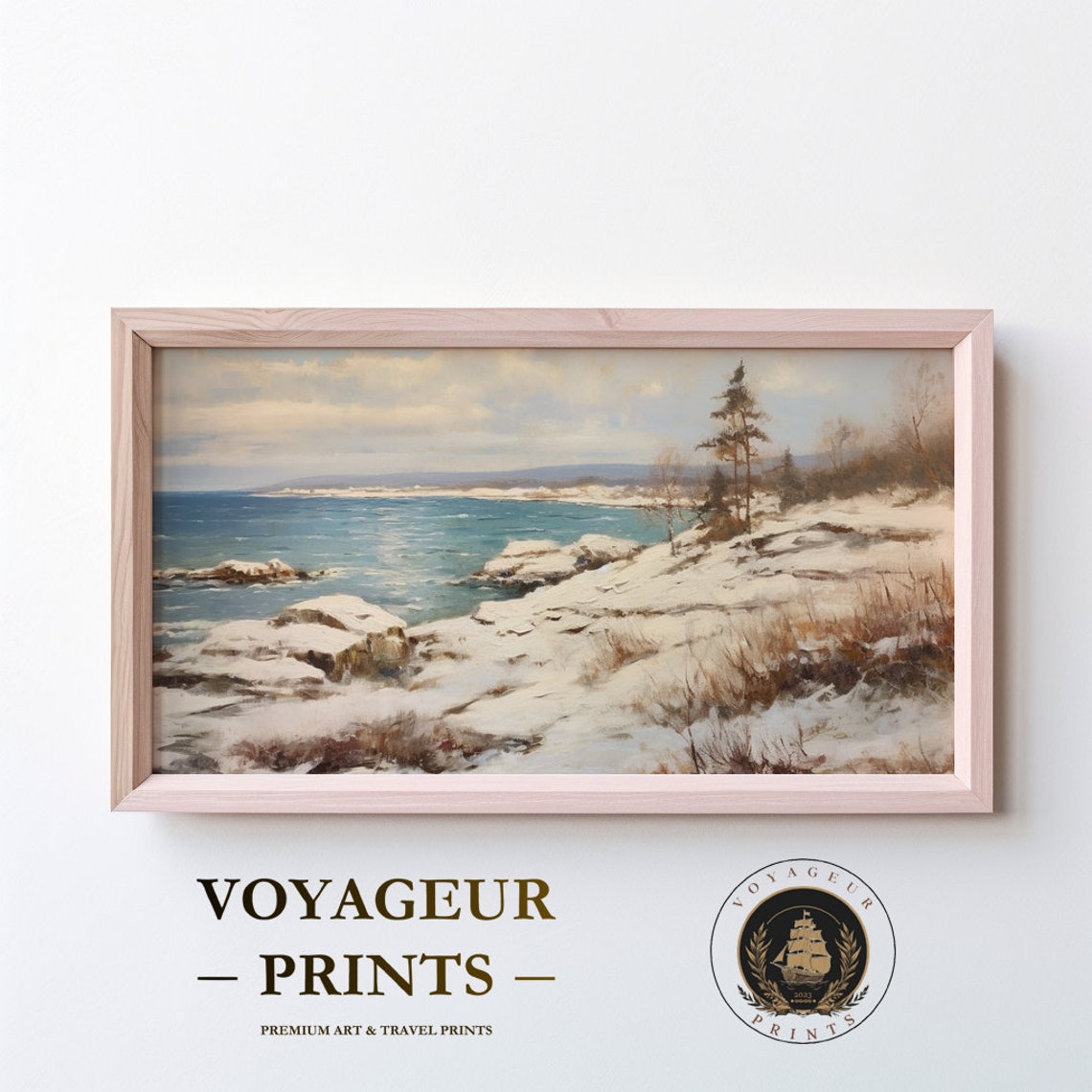 Winters Embrace Snowy Beach Oil Painting, Coastal Tranquility - Image 4