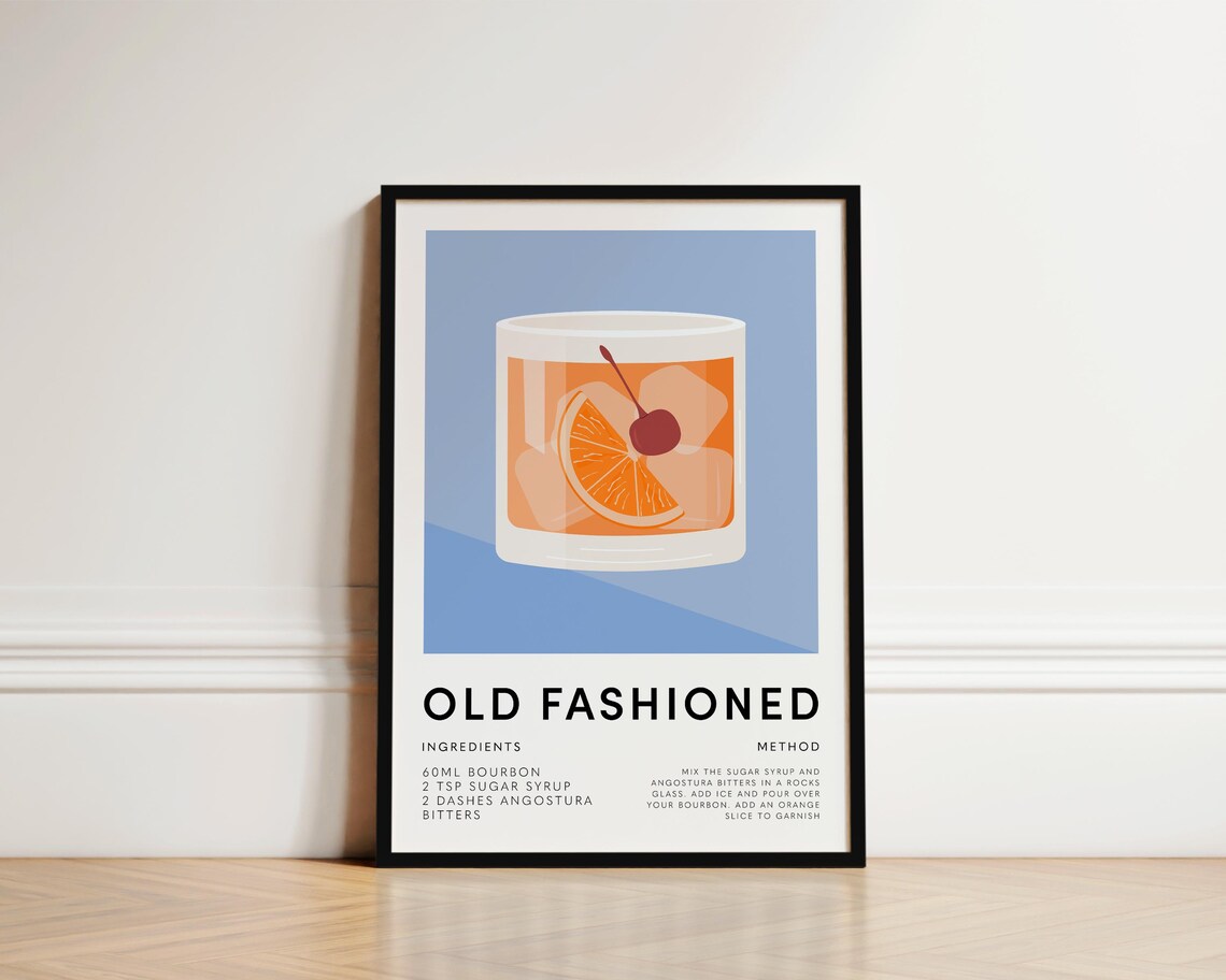 Old Fashioned Cocktail Poster, Kitchen Wall Art