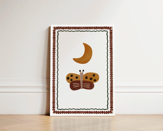 Nursery Wall Art Butterfly Moon Print Boho Nursery Decor Girls Bedroom Decor Cute Animal Print Brown Nursery Decor Baby Room Art Print