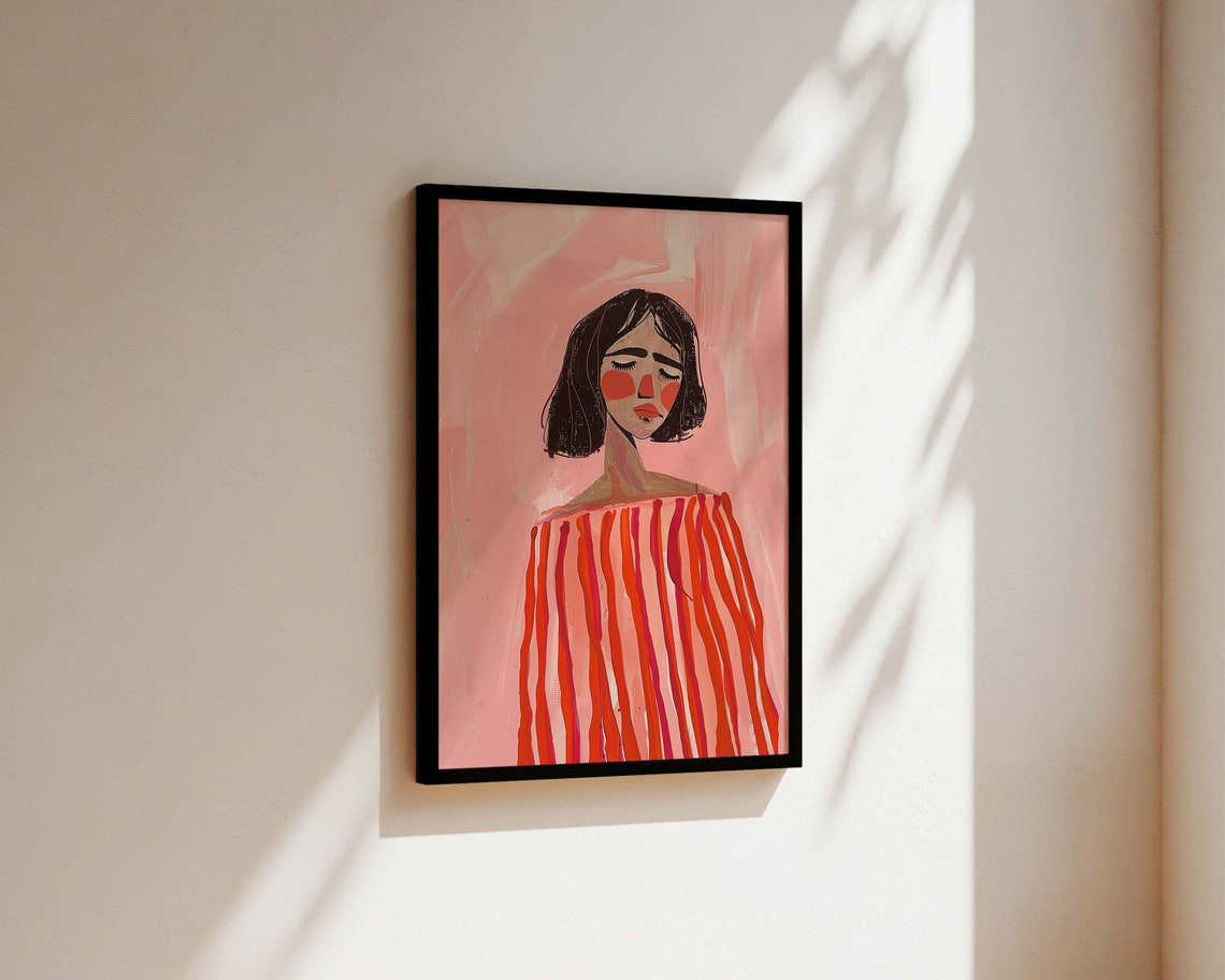 Striped Dress Woman Bedroom Print Fashion Print Boho Wall Art Dressing Room Print Bedroom Poster Fashion Art Mid Century Print Pink - Image 3