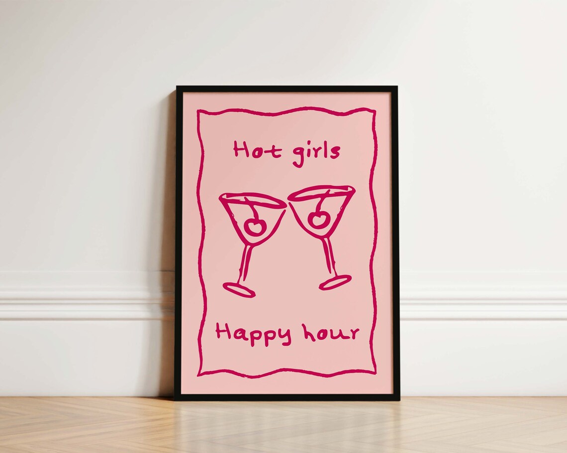 Hot Girls Happy Hour Cocktail Poster, Kitchen Decor