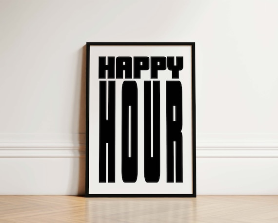Happy Hour Bold Black Typography Minimalist Home Bar Decor Poster