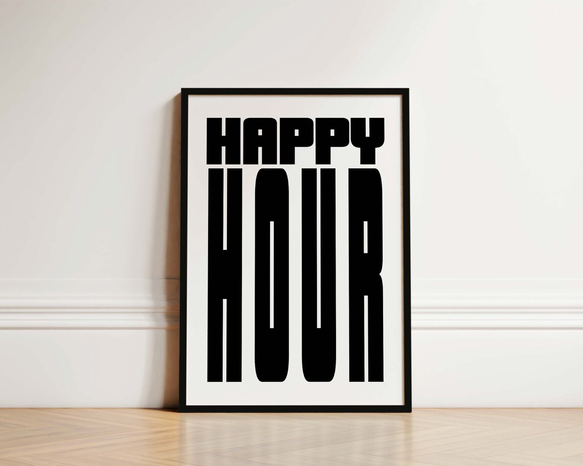 Happy Hour Bold Black Typography Minimalist Home Bar Decor Poster