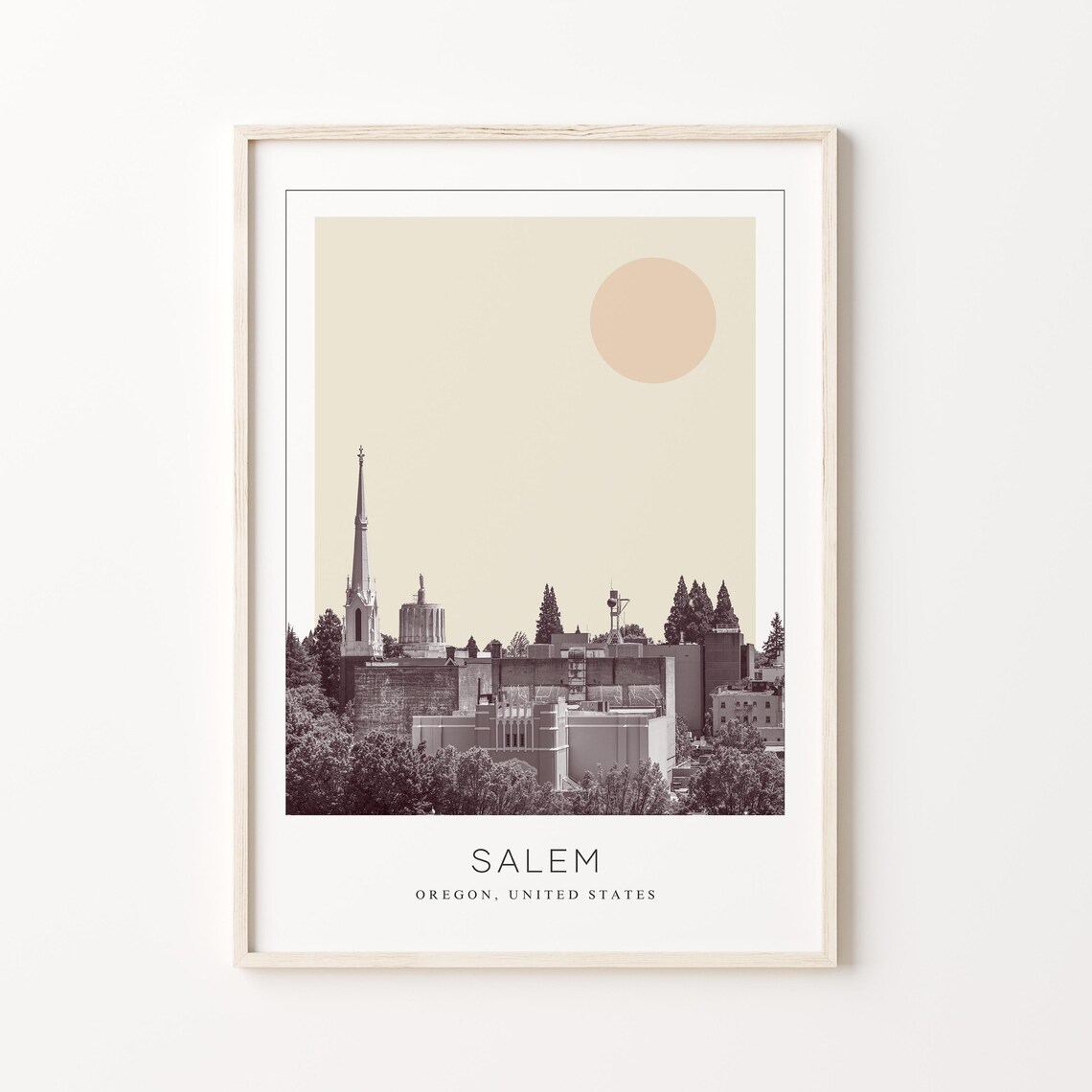 Salem Oregon Church Steeple Skyline Minimalist Sun Travel Poster