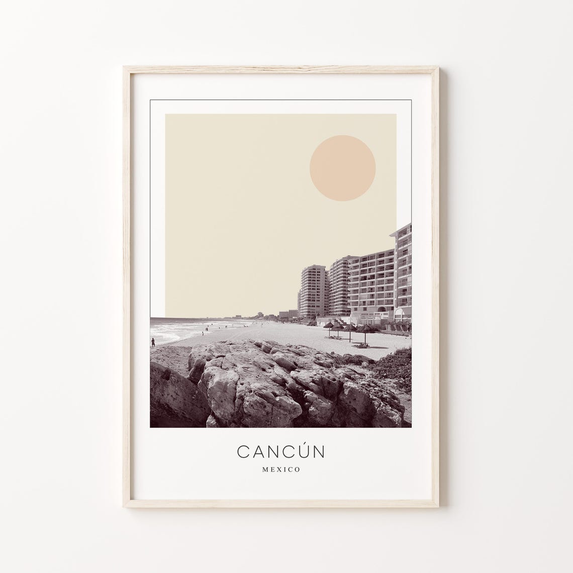 Cancún Mexico Beach Rocky Shoreline Beige Sun Minimalist Travel Poster