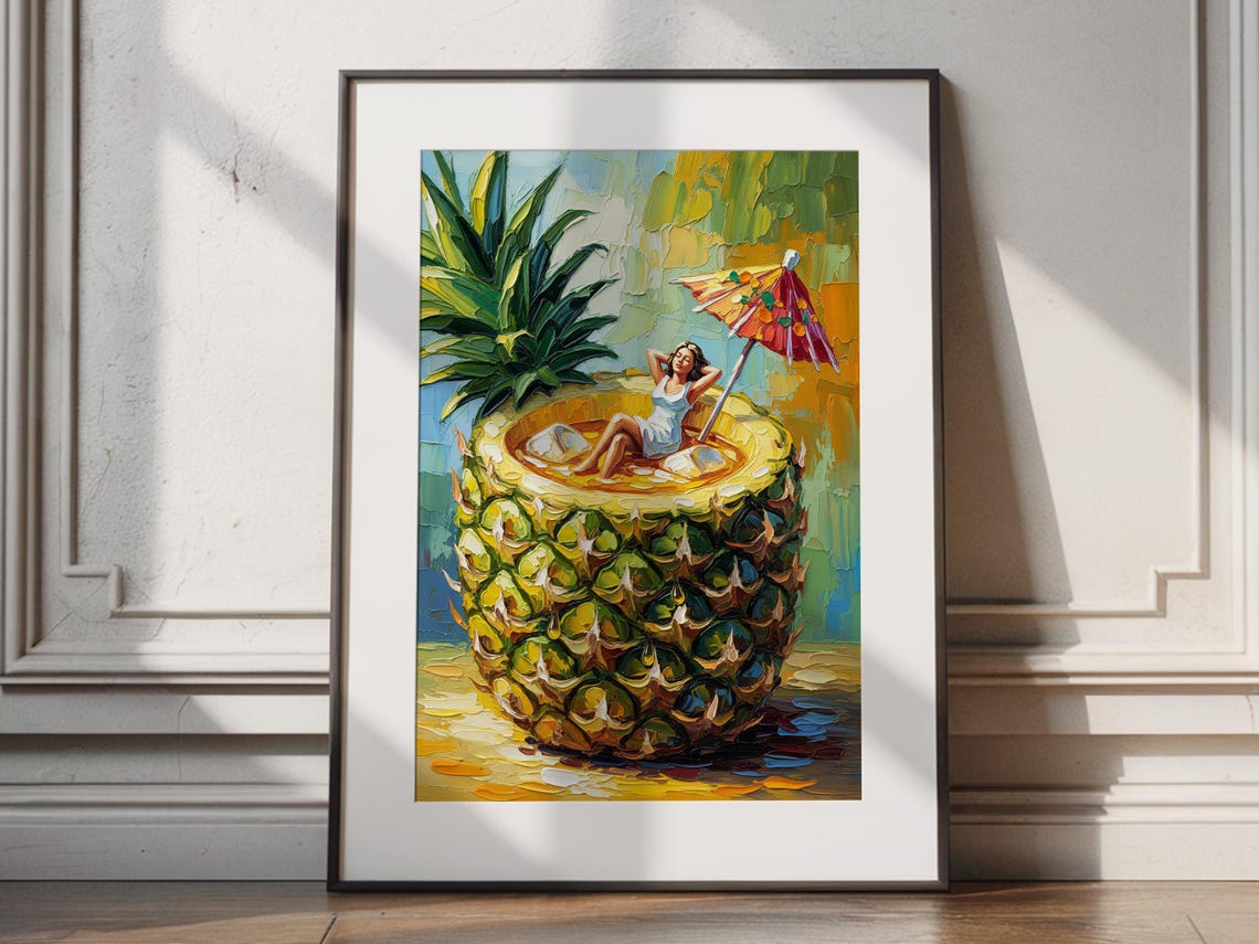 Woman Relaxing in Giant Pineapple Surreal Tropical Painting Art Poster