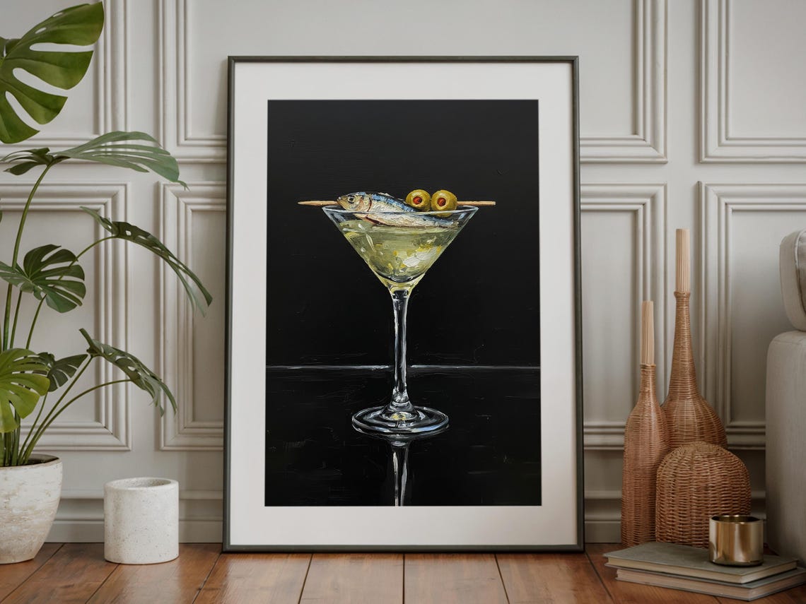 Martini Glass With Sardine and Olives Funny Impasto Kitchen Poster