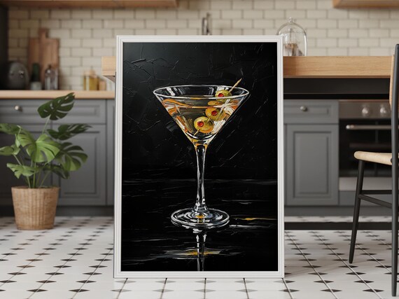 Dirty Martini Olives Black Background Impasto Oil Painting Bar Poster