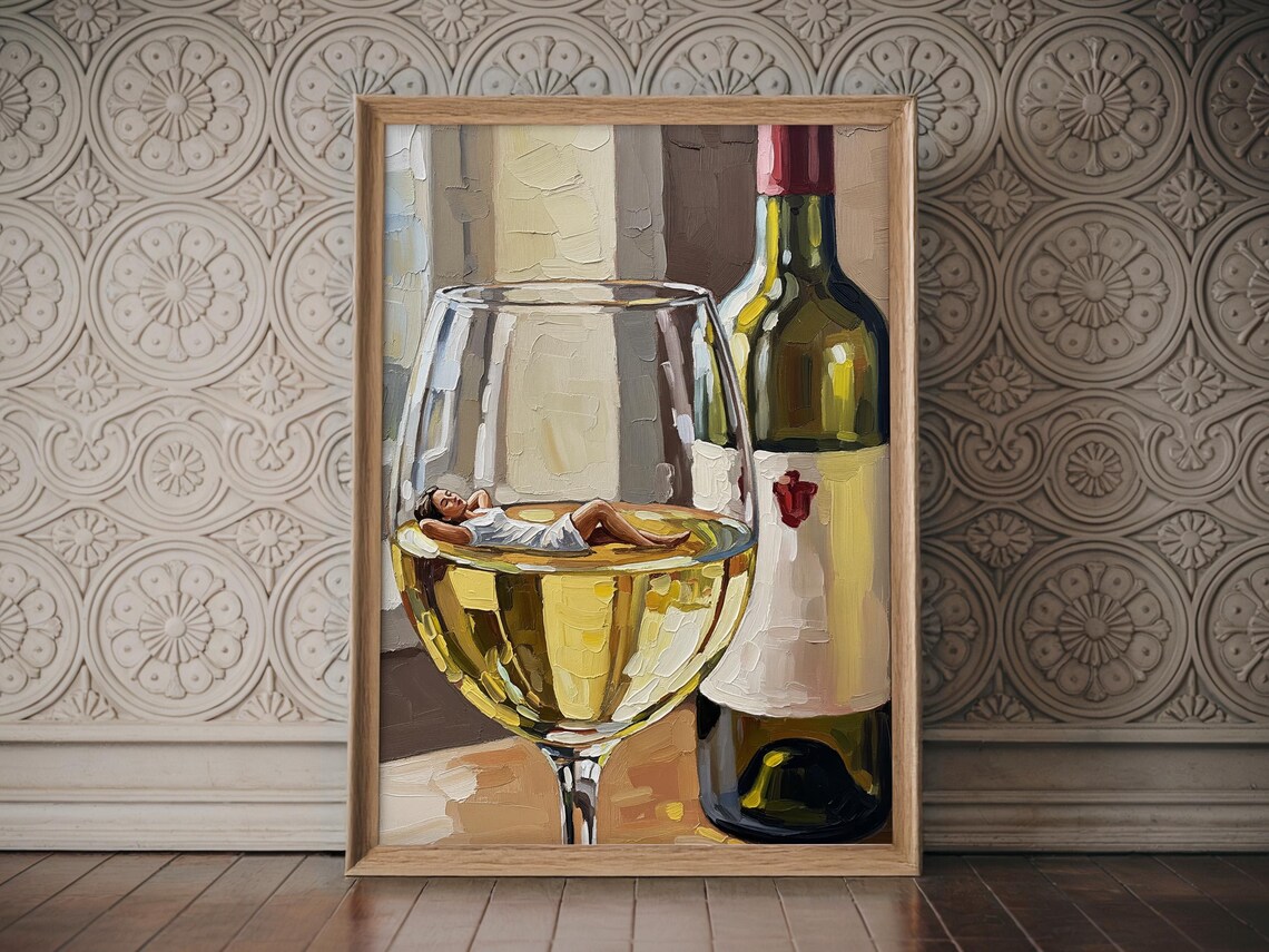 Woman Lounging in White Wine Glass with Bottle Impasto Painting Wall Art