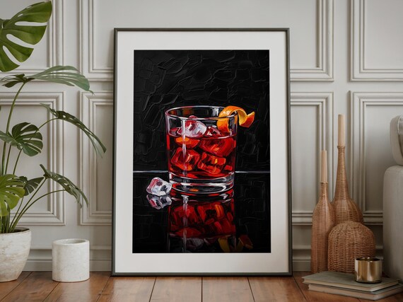 Negroni Italian Cocktail Red Bitter Orange Peel Impasto Art Poster