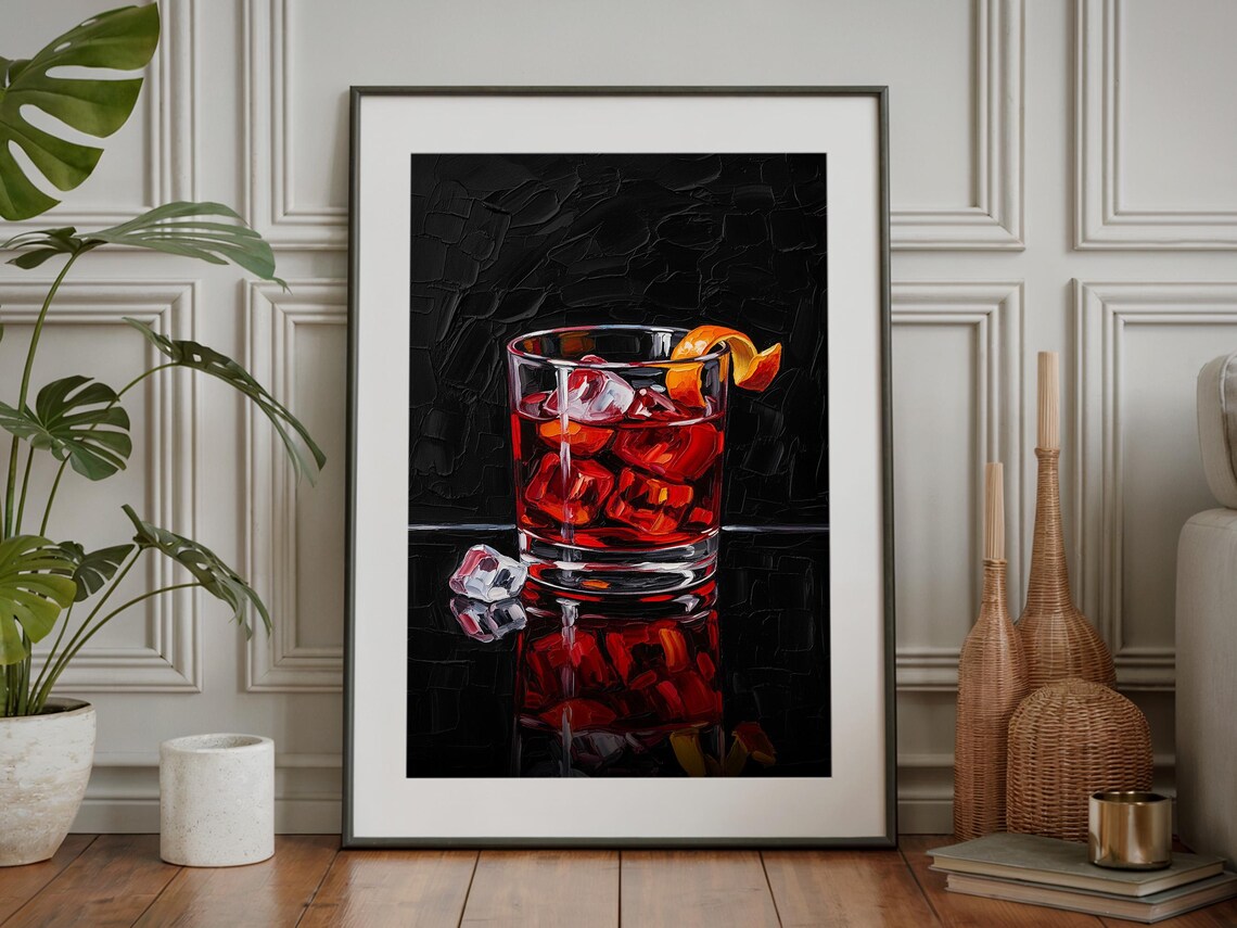 Negroni Italian Cocktail Red Bitter Orange Peel Impasto Art Poster