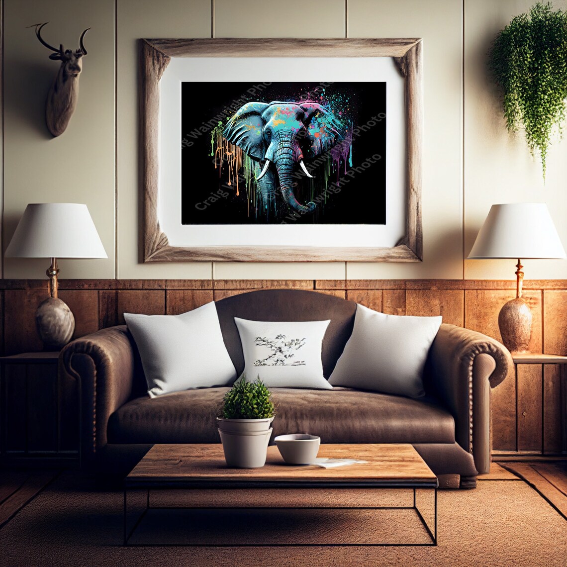 Elephant Neon Paint Splash Portrait on Black Background Poster - Image 3