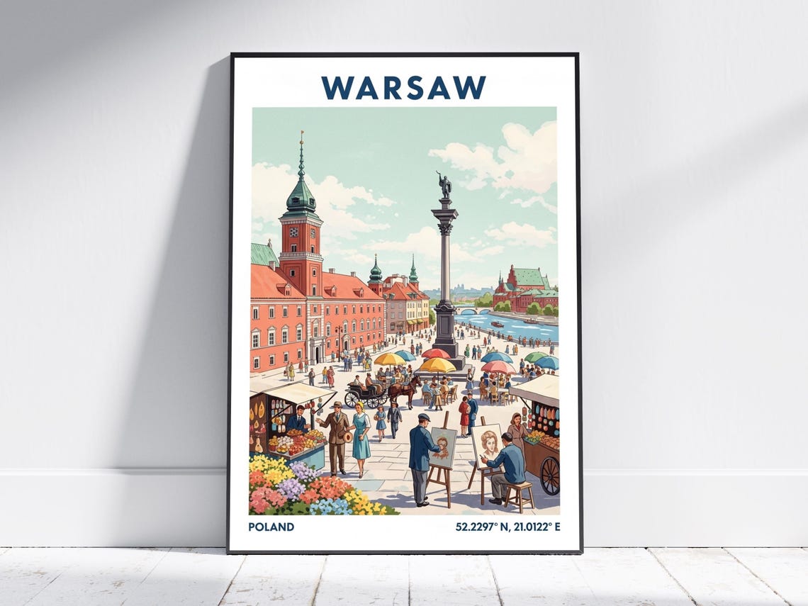 Warsaw Poland Vintage Castle Square Column Market Stalls Poster