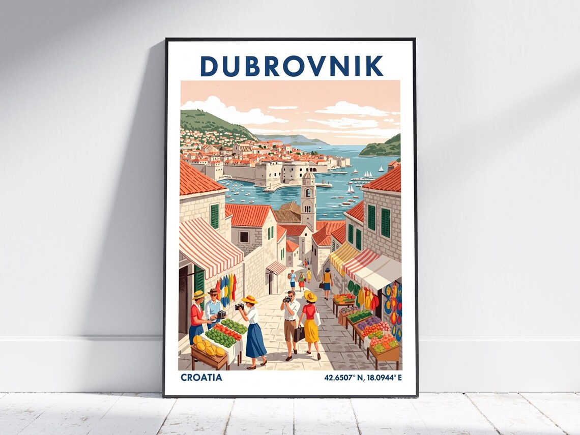 Dubrovnik Travel Poster Croatia Old Town Walls Harbor Market Scene