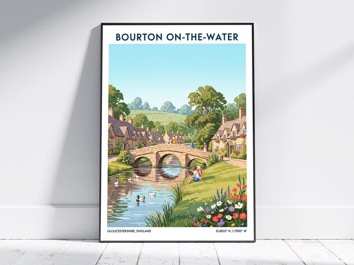Bourton On The Water England Stone Bridge Vintage Travel Poster