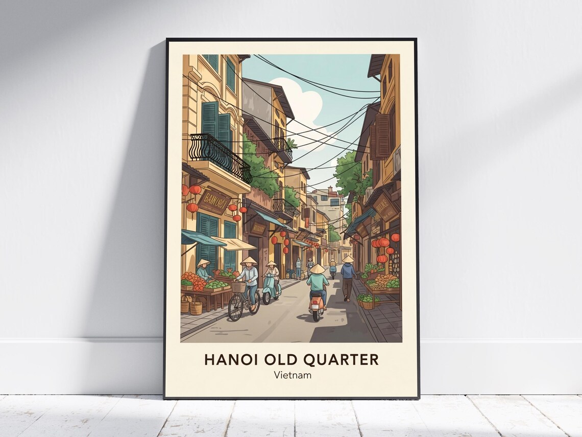 Hanoi Old Quarter Vietnam Street Market Lanterns Travel Poster