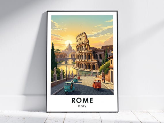 Rome Travel Art Print Teal Orange Yellow Blue Illustration Vintage Italian Cityscape Living Room And Office Decor