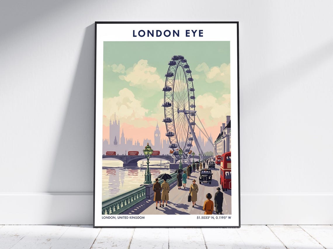 London Eye Ferris Wheel Westminster Retro Vintage Travel Poster
