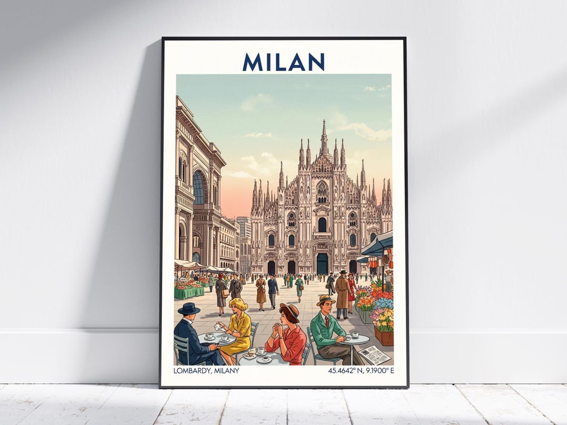 Milan Italy Duomo Cathedral Cafe Scene Vintage Travel Poster