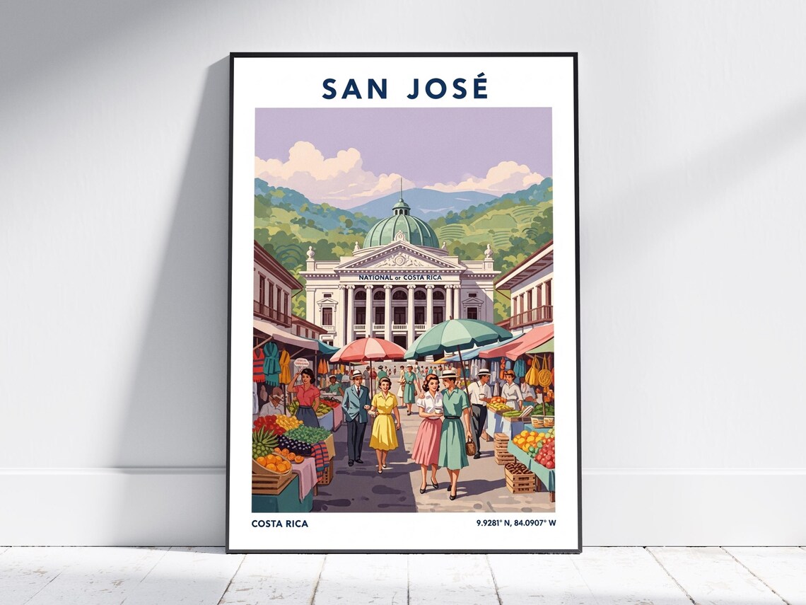 San Jose Costa Rica Vintage Market Street Scene Travel Poster