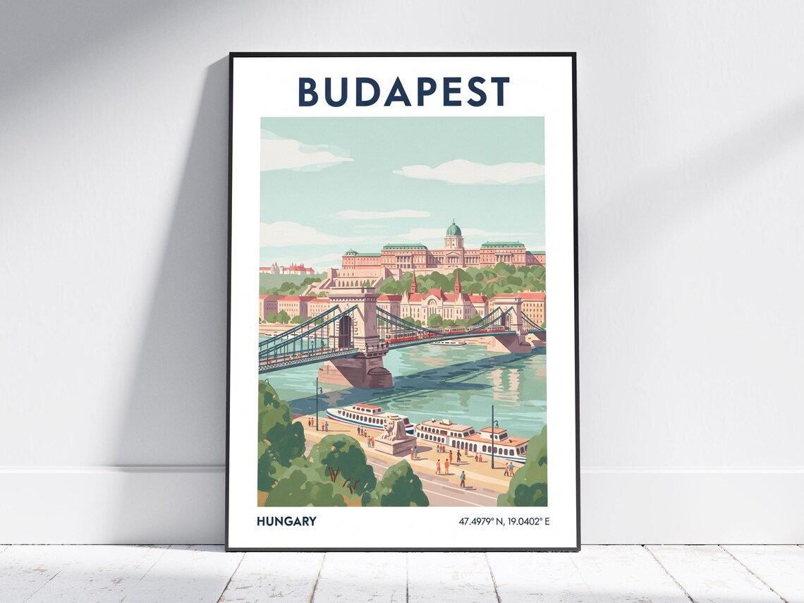 Budapest Hungary Chain Bridge Danube River Vintage Travel Poster