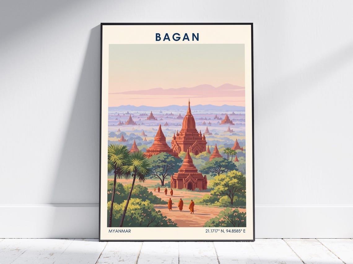 Bagan Myanmar Vintage Travel Poster Ancient Temples Monks Plain Art