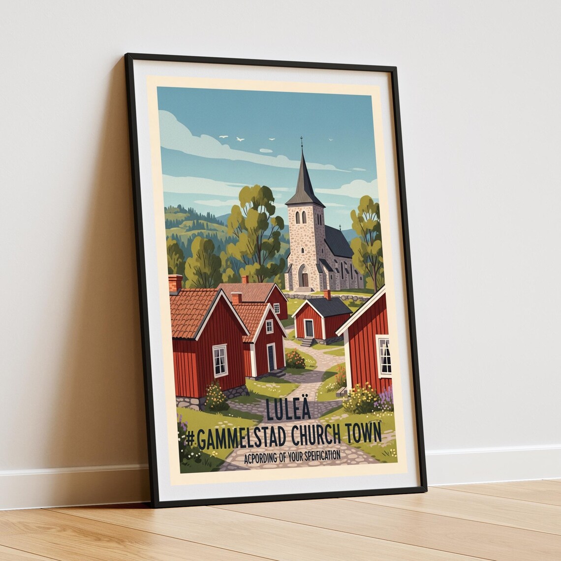 Luleå Gammelstad Church Town Travel Poster Red Wooden Houses