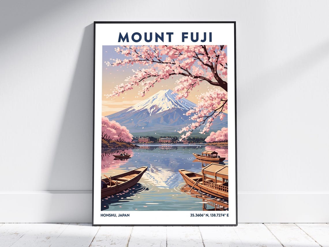 Mount Fuji Cherry Blossom Lake Vintage Style Japan Travel Art Poster