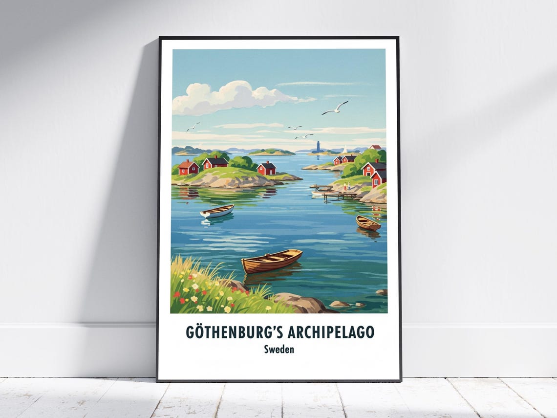 Gothenburg Archipelago Sweden Red Cabins Boats Summer Travel Poster