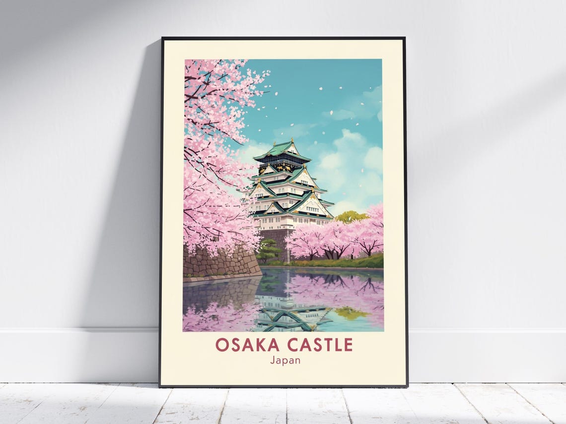 Osaka Castle Japan Cherry Blossom Spring Reflection Vintage Poster