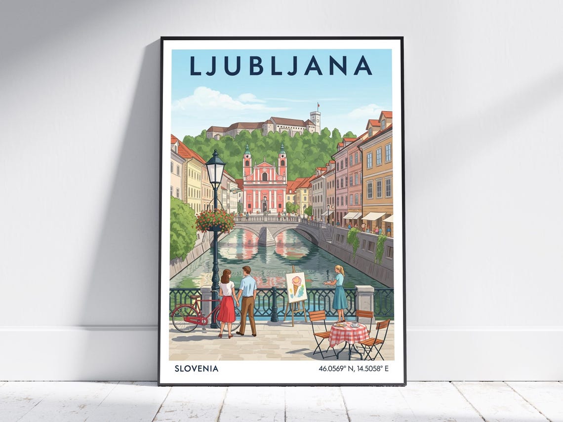 Ljubljana Travel Poster Slovenia Triple Bridge Castle River Scene