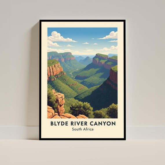 Blyde River Canyon Art Print Vintage Travel Wall Poster Green And Blue Landscape Nature Illustration Living Room Decor