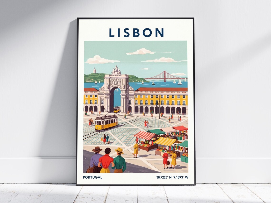 Lisbon Vintage Portugal Travel Retro Tram Arch Street Scene Poster