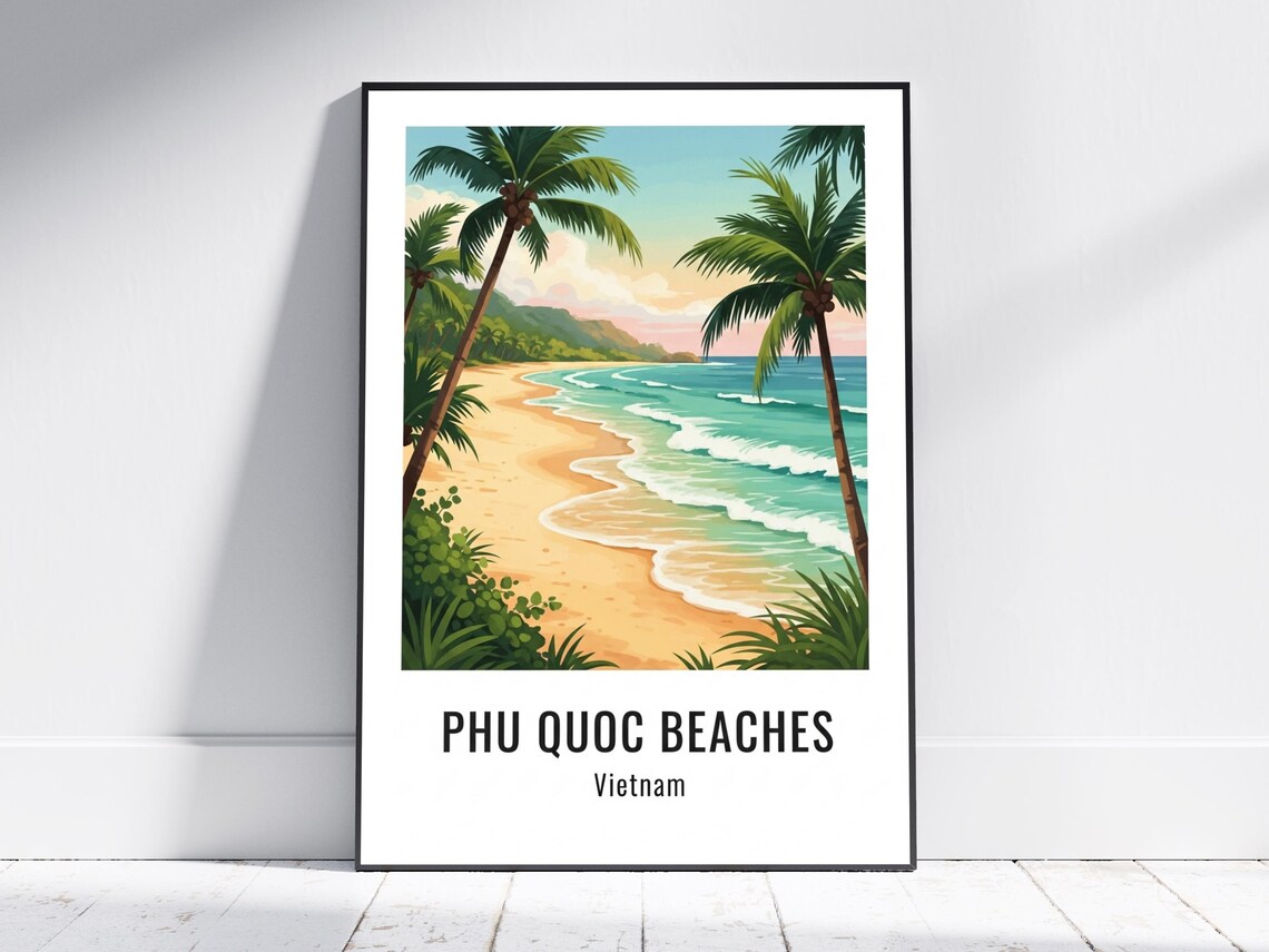 Phu Quoc Beaches Vietnam Palm Sunset Travel Illustration Poster