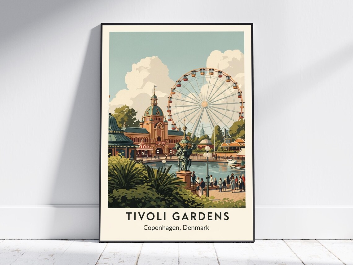 Tivoli Gardens Copenhagen Vintage Ferris Wheel Travel Poster