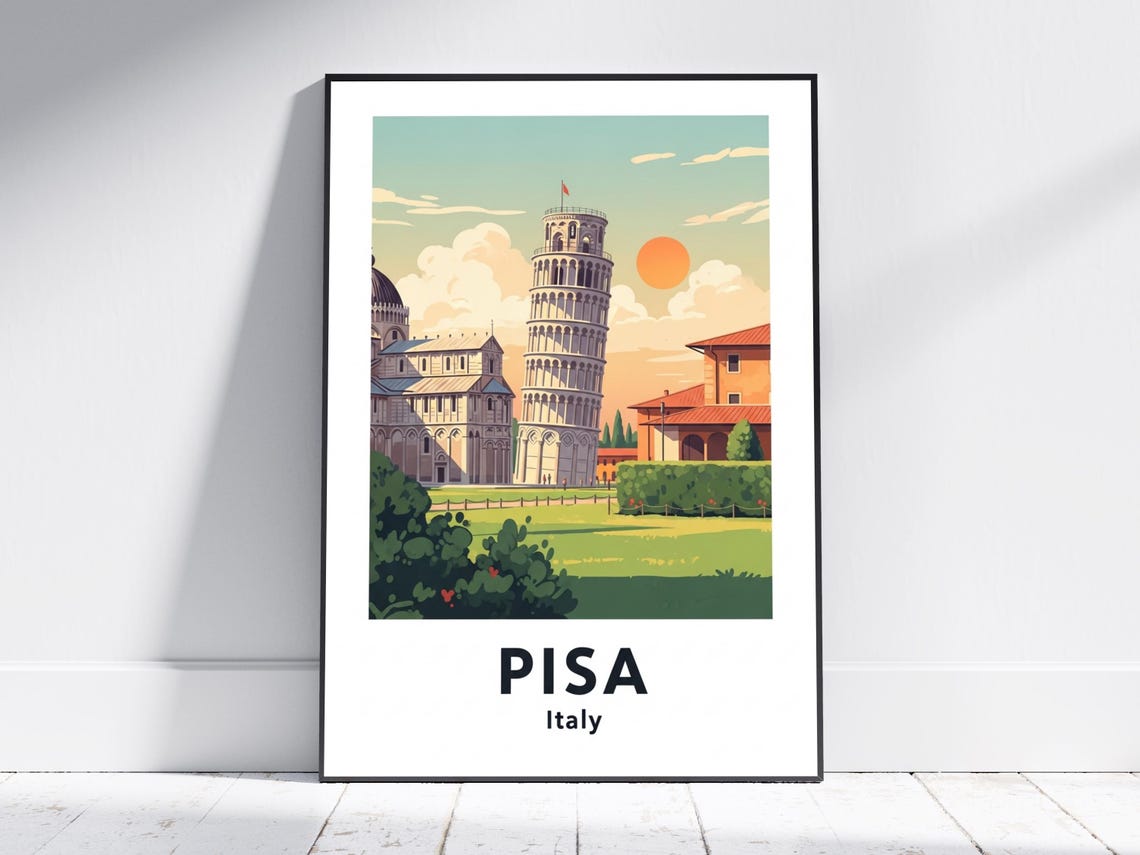 Pisa Italy Leaning Tower Sunset Cathedral Piazza Travel Poster