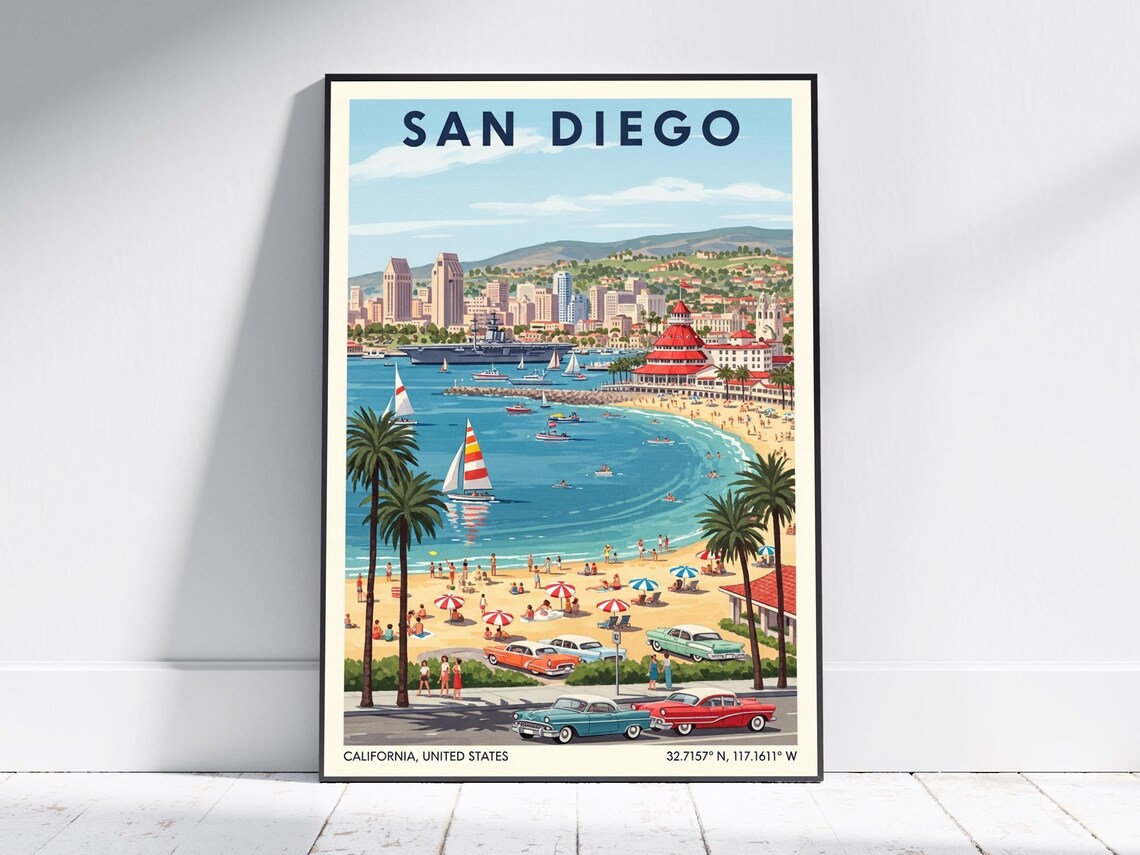 San Diego Retro Beach Travel Poster Palms Sailboats Vintage Seaside Art