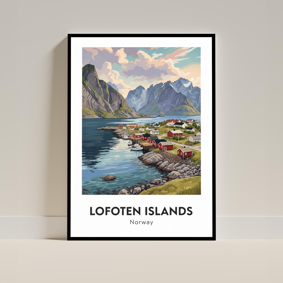 Lofoten Islands Norway Fishing Village Fjord Mountains Travel Poster