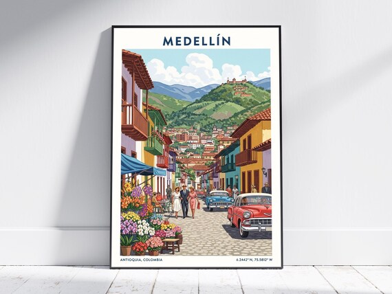 Medellin Colombia Vintage Flower Street Mountains Retro Poster