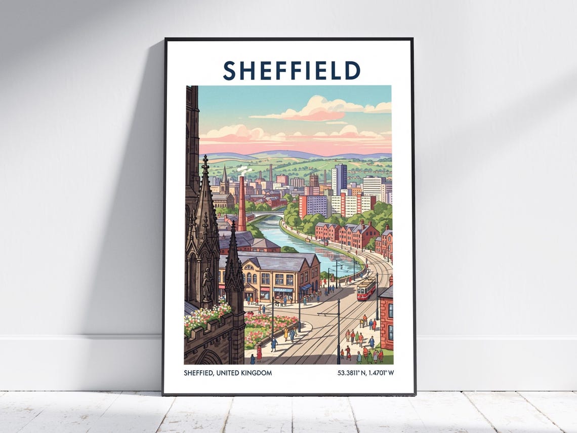 Sheffield UK River City Panorama Historic Tram Travel Poster