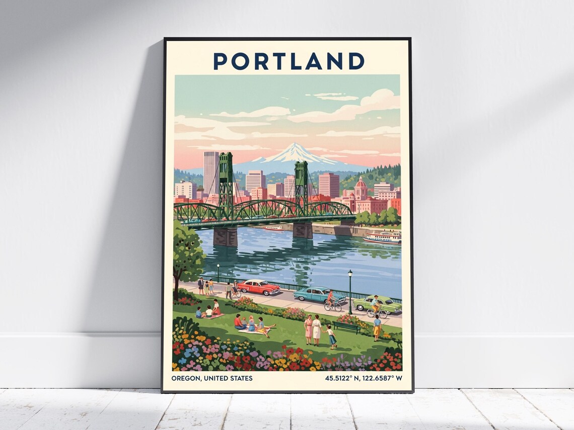 Portland Oregon Retro River Bridge Travel Poster Mount Hood Vintage Art
