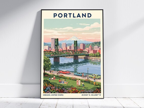 Portland Oregon Retro River Bridge Travel Poster Mount Hood Vintage Art