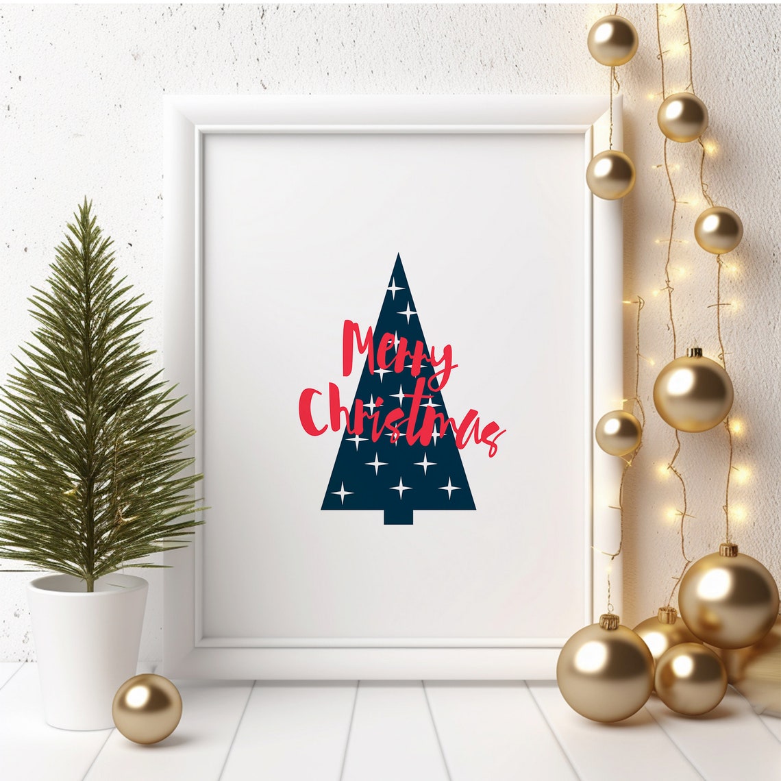 Merry Christmas Navy Tree White Stars Pink Script Quote Poster - Image 2