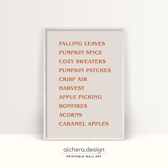 Fall Favorites Word List Orange On Beige Farmhouse Typography Poster
