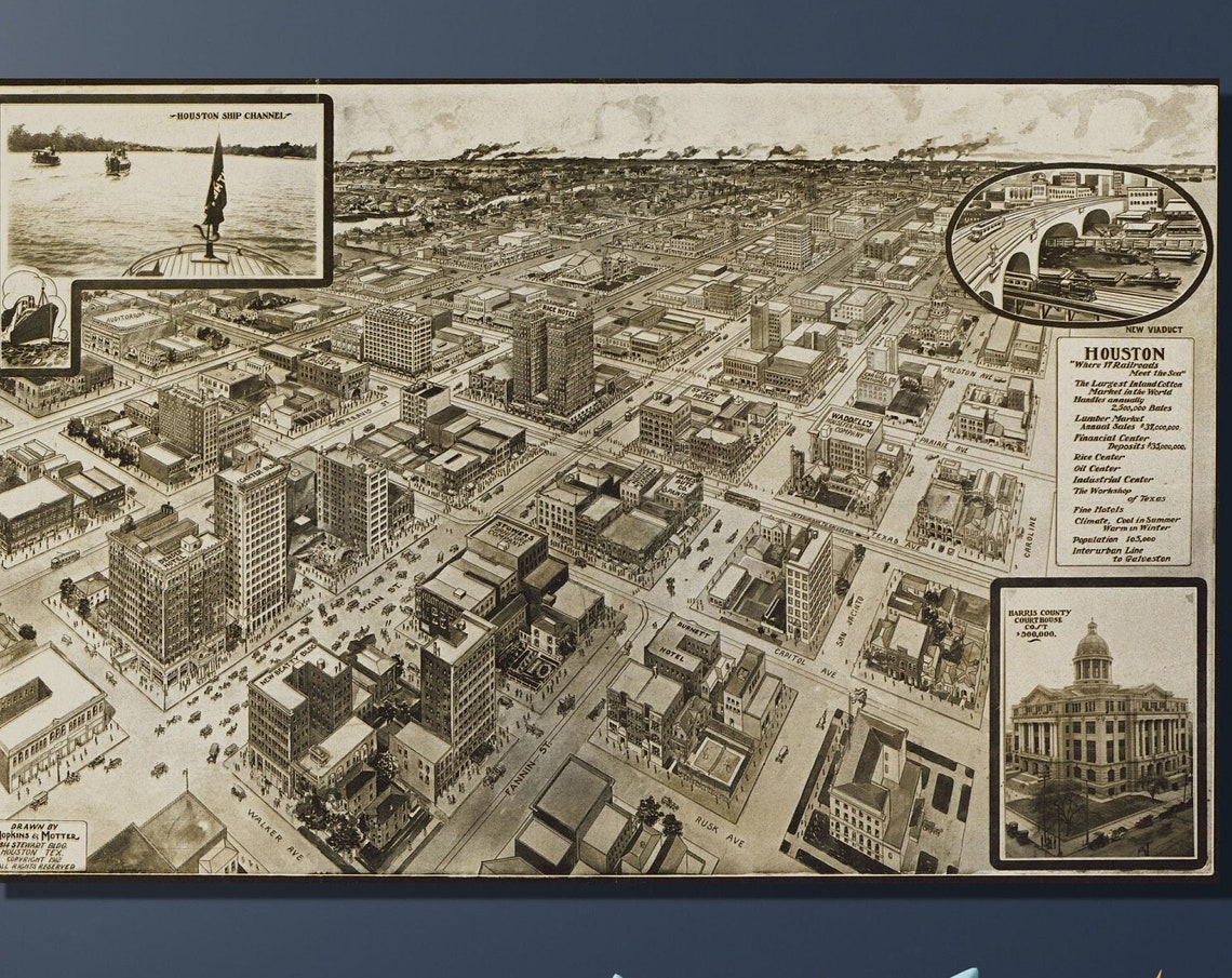 Vintage 1920 Houston Texas Birdseye Map Ship Channel Aerial Poster