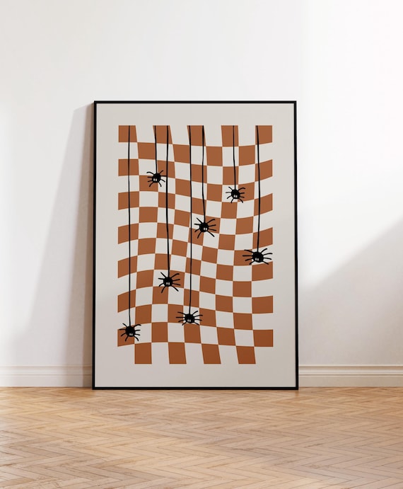 Checkered Burnt Orange Halloween Poster with Hanging Spiders