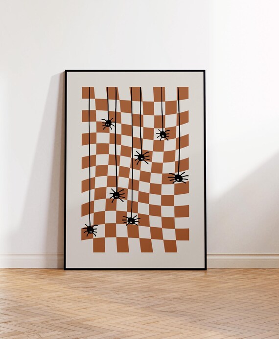 Checkered Halloween Poster Eclectic Cute Halloween Wall Art Burnt Orange Retro Apartment Decor Trendy Spooky Spider Poster Art