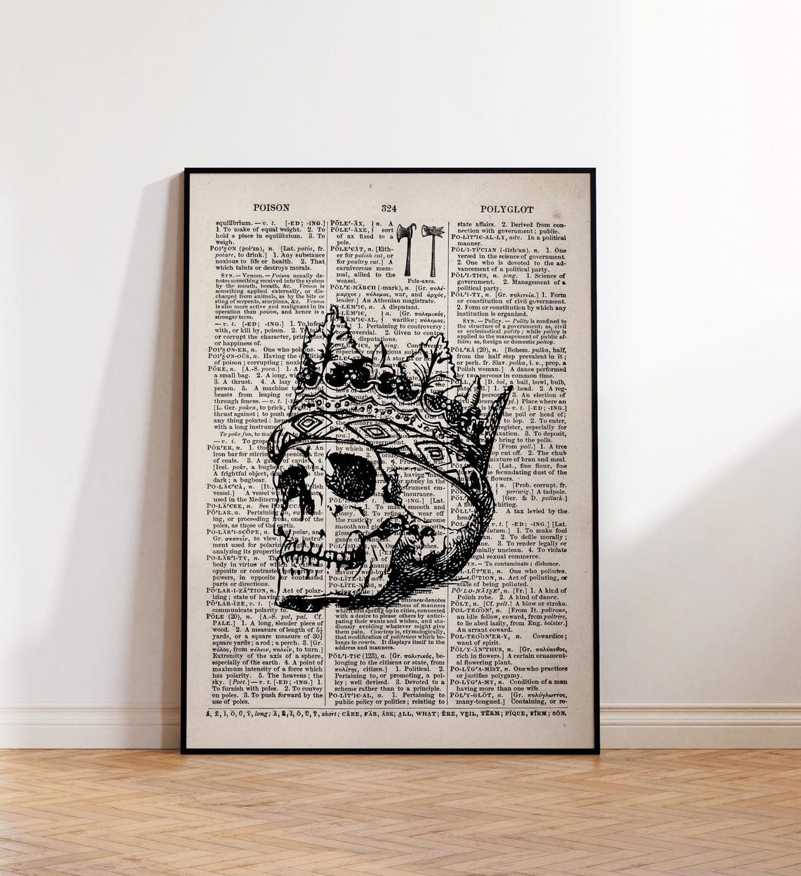 Skull Over Vintage Dictionary Page Gothic Halloween Art Poster