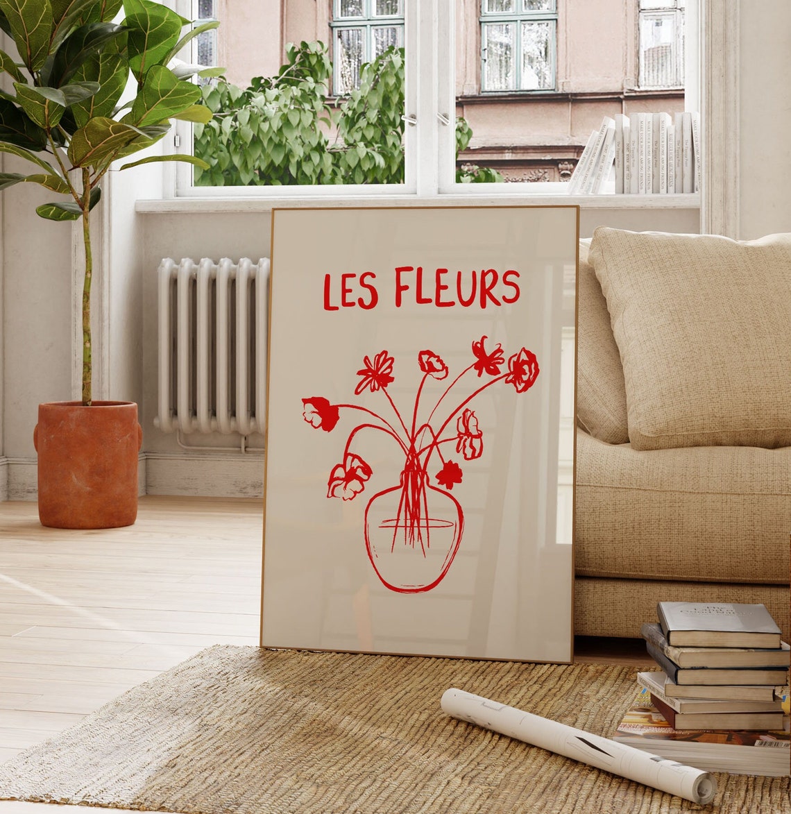 Red Les Fleurs Flower Vase Botanical Line Art Hand Drawn Poster