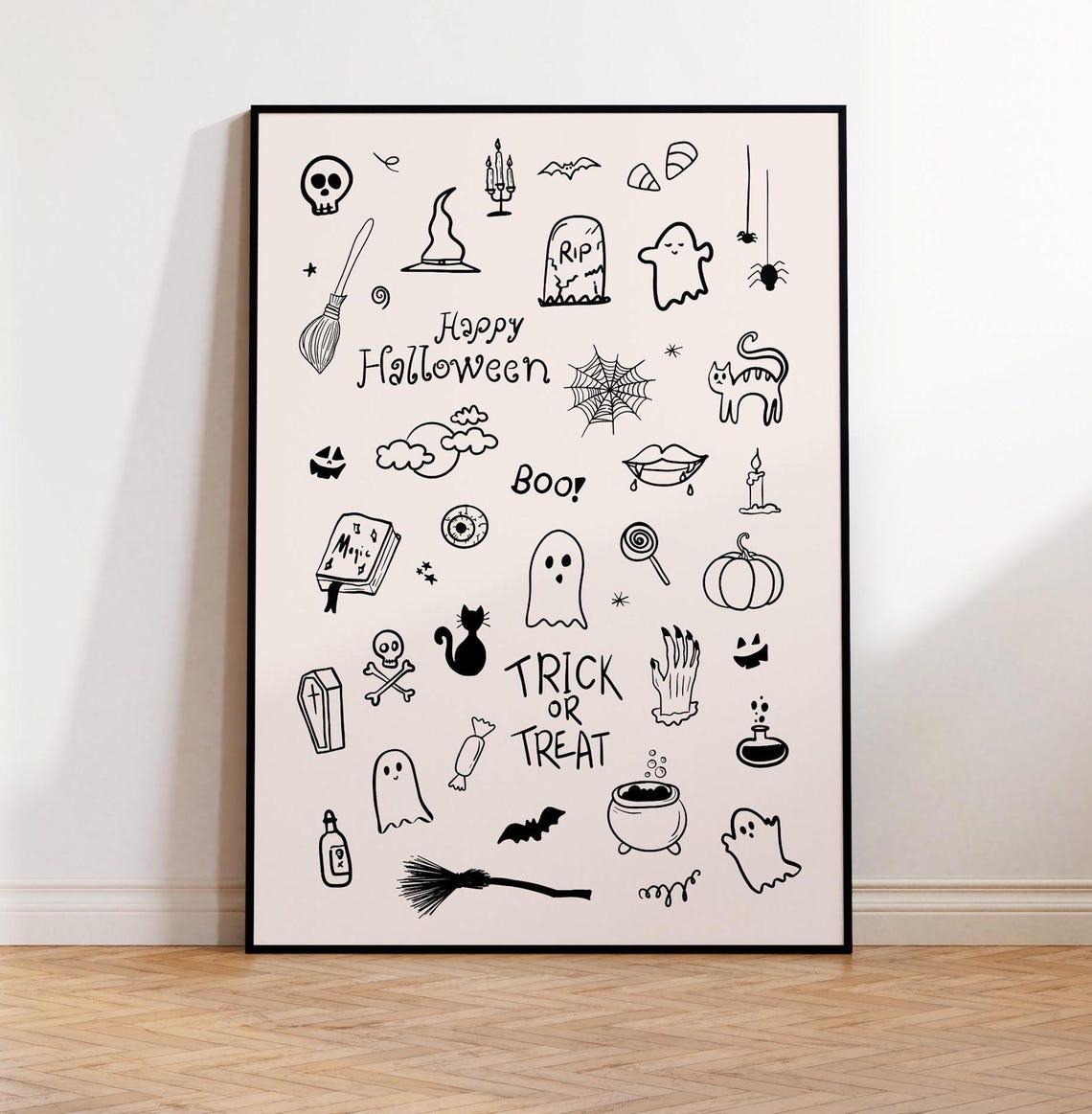 Black Ink Halloween Doodle Poster on Cream with Cute Spooky Icons